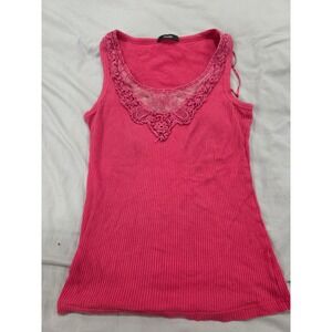 Georges Ribbed Tank Top Lace Trim Pink‎ Sleeveless Women's